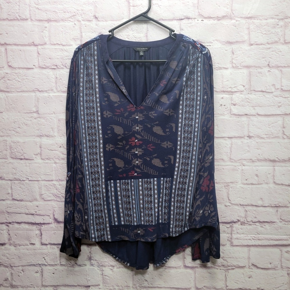 Lucky Brand Dark‎ Aztec Boho Blouse Size L Bell Sleeves V Neck Hippie Festival
